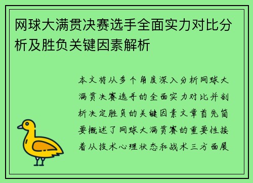 网球大满贯决赛选手全面实力对比分析及胜负关键因素解析