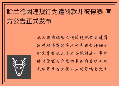 哈兰德因违规行为遭罚款并被停赛 官方公告正式发布